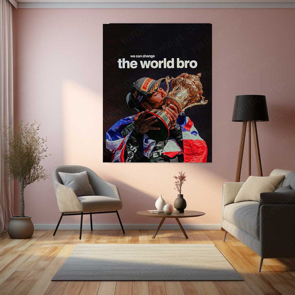 Lewis Hamilton Kissing Trophy – “We Can Change the World, Bro” Metal Poster | Legacy x Purpose Wall Art