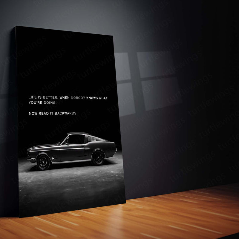 Life Is Better When Nobody Knows – Classic Mustang Metal Frame | Retro Car Quote Poster