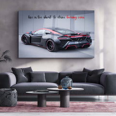Life Is Too Short to Drive Boring Cars – Matte Black & Red McLaren Metal Poster | Savage Car Quote Wall Art
