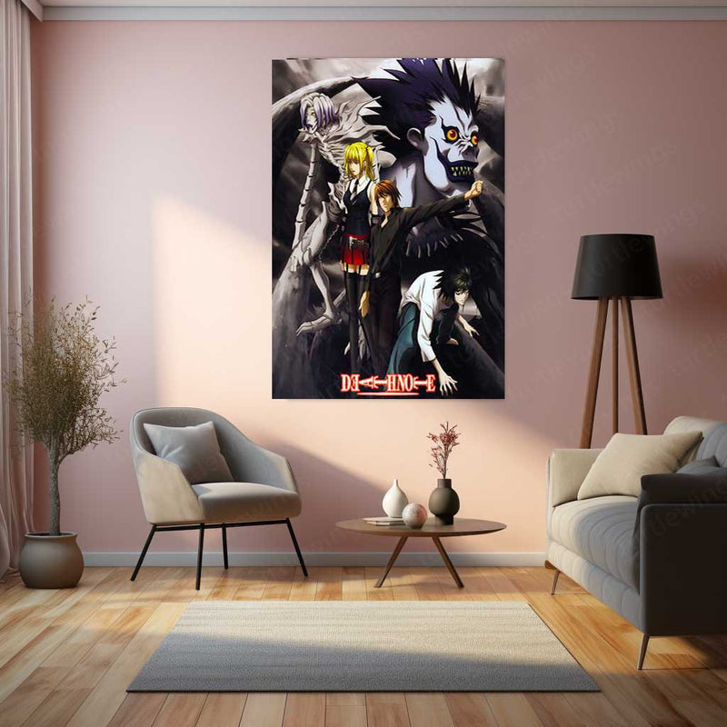 Anime metal poster | Death Note Ensemble – Light, L, Misa, Ryuk & Rem Metal Poster | Dark Anime Wall Frame