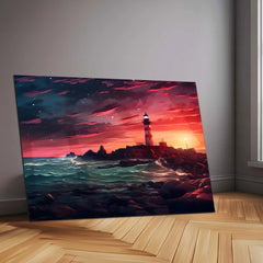 Lighthouse Sunset Ocean Metal Poster | Serene Coastal Wall Art - TURTLEWINGS 