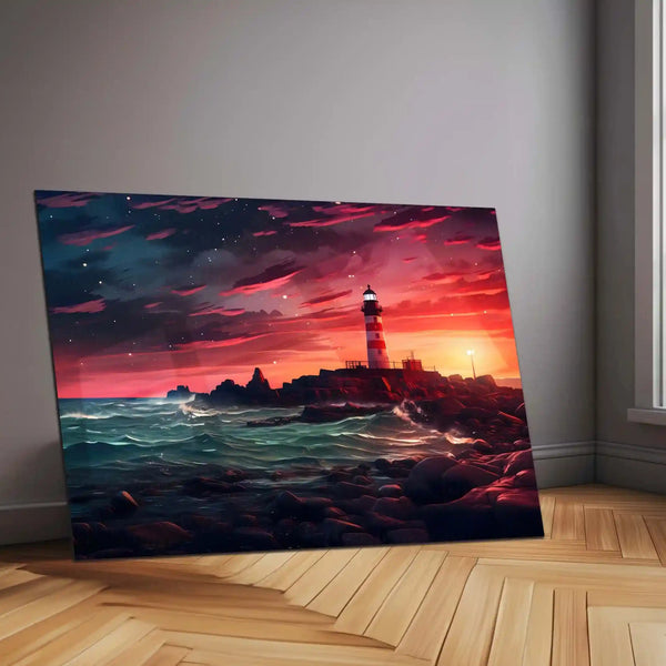 Lighthouse Sunset Ocean Metal Poster | Serene Coastal Wall Art - TURTLEWINGS 