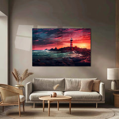 Lighthouse Sunset Ocean Metal Poster | Serene Coastal Wall Art - TURTLEWINGS 