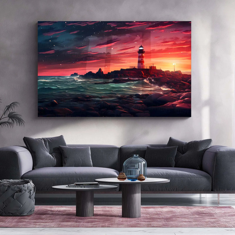 Lighthouse Sunset Ocean Metal Poster | Serene Coastal Wall Art - TURTLEWINGS 