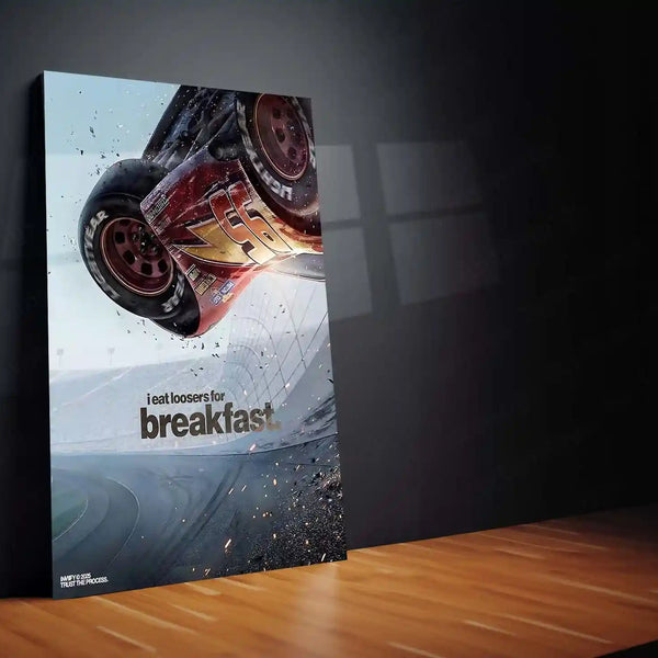 Quote Metal Poster | Lightning McQueen – I Eat Losers for Breakfast | Racing Motivation Metal Frame | Pixar Cars Inspired Wall Art