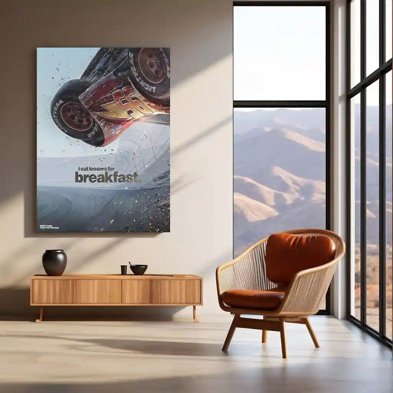 Quote Metal Poster | Lightning McQueen – I Eat Losers for Breakfast | Racing Motivation Metal Frame | Pixar Cars Inspired Wall Art