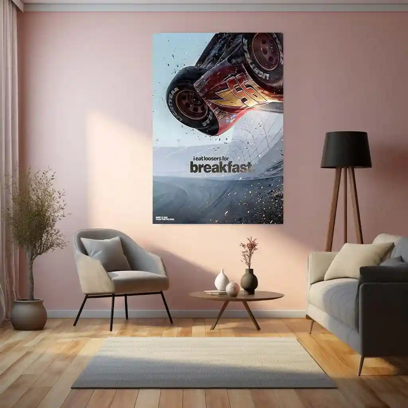 Quote Metal Poster | Lightning McQueen – I Eat Losers for Breakfast | Racing Motivation Metal Frame | Pixar Cars Inspired Wall Art
