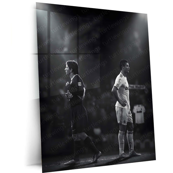 Lionel Messi × Cristiano Ronaldo – Two Paths to Greatness Metal Frame Football GOAT Rivalry Wall Art | Legacy, Discipline & Greatness Mindset Metal Poster