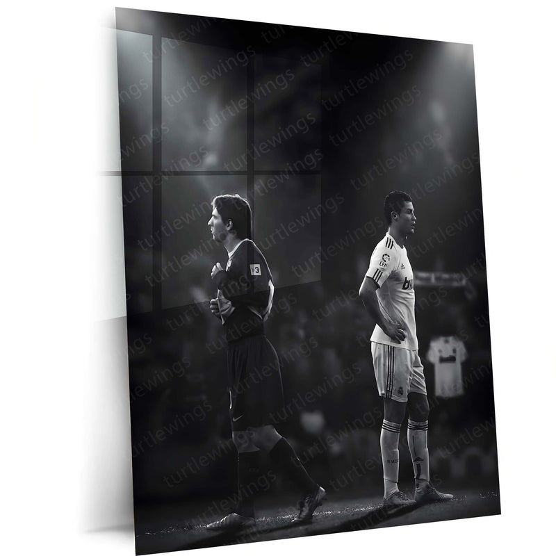 Lionel Messi × Cristiano Ronaldo – Two Paths to Greatness Metal Frame Football GOAT Rivalry Wall Art | Legacy, Discipline & Greatness Mindset Metal Poster