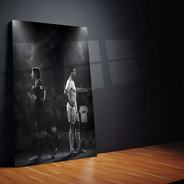 Lionel Messi × Cristiano Ronaldo – Two Paths to Greatness Metal Frame Football GOAT Rivalry Wall Art | Legacy, Discipline & Greatness Mindset Metal Poster - TURTLEWINGS 