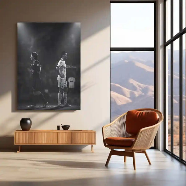 Lionel Messi × Cristiano Ronaldo – Two Paths to Greatness Metal Frame Football GOAT Rivalry Wall Art | Legacy, Discipline & Greatness Mindset Metal Poster - TURTLEWINGS 