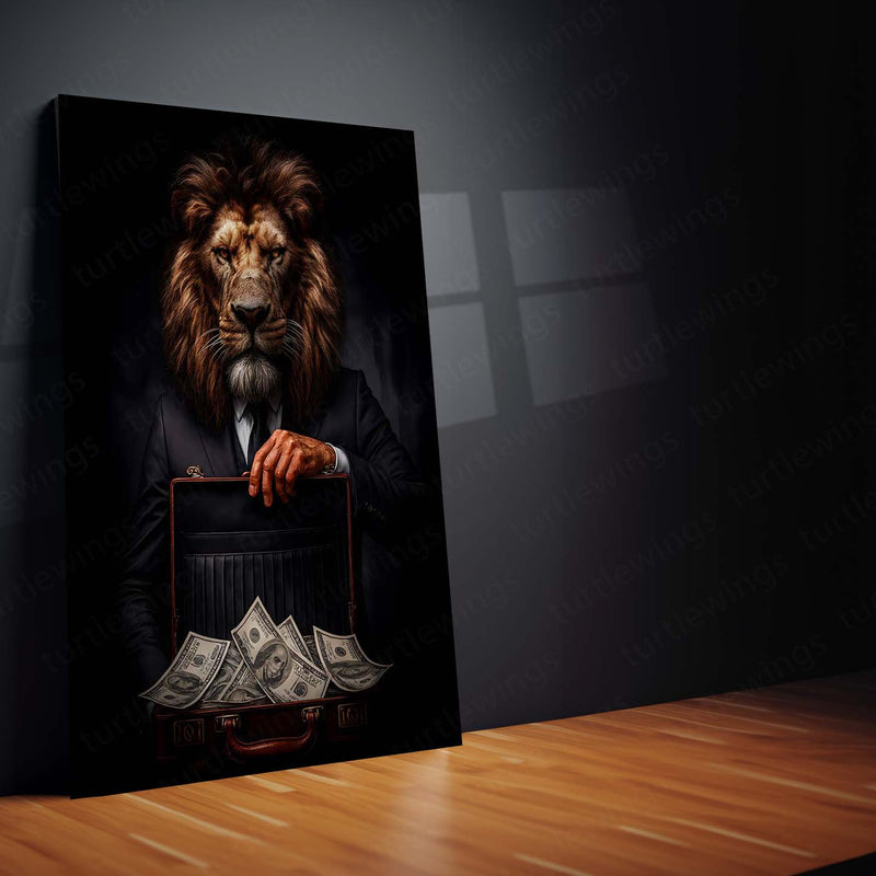 Lion in Suit Metal Poster | Royal Elegance Wall Art | Power & Confidence Decor Frame
