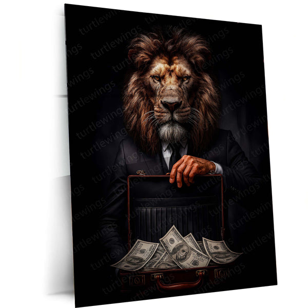 Lion in Suit Metal Poster | Royal Elegance Wall Art | Power & Confidence Decor Frame