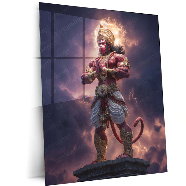 Lord Hanuman – Divine Metal Frame | Spiritual Wall Art | Devotional Poster for Peace, Strength & Protection