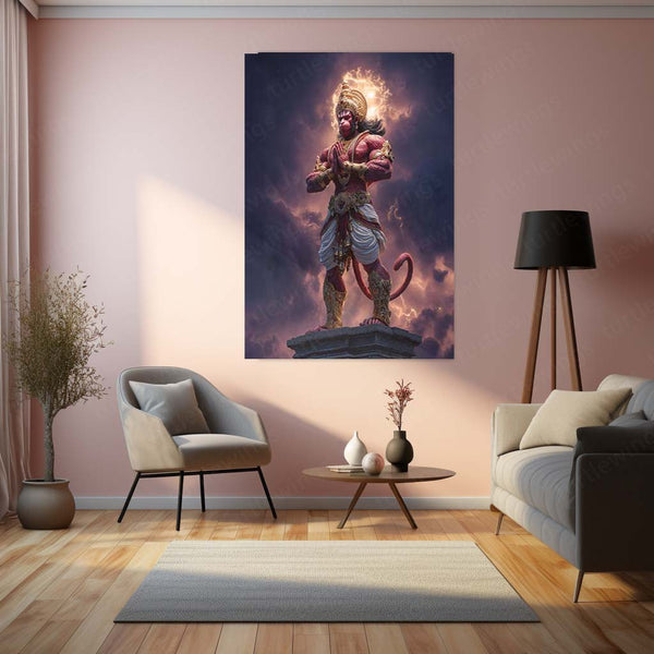 Lord Hanuman – Divine Metal Frame | Spiritual Wall Art | Devotional Poster for Peace, Strength & Protection
