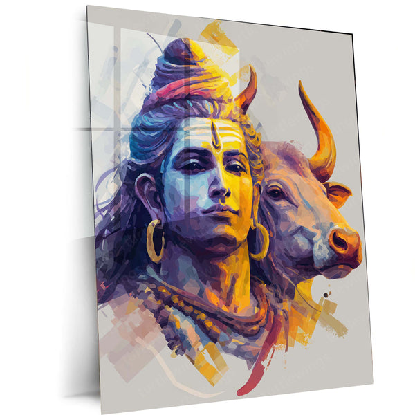 Lord Shiva with Nandi – Vibrant Abstract Spiritual Metal Frame | Sacred Hindu Wall Art | Divine Decor for Home & Temple