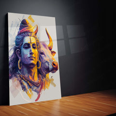 Lord Shiva with Nandi – Vibrant Abstract Spiritual Metal Frame | Sacred Hindu Wall Art | Divine Decor for Home & Temple