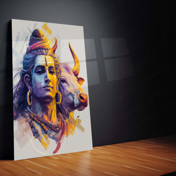 Lord Shiva with Nandi – Vibrant Abstract Spiritual Metal Frame | Sacred Hindu Wall Art | Divine Decor for Home & Temple