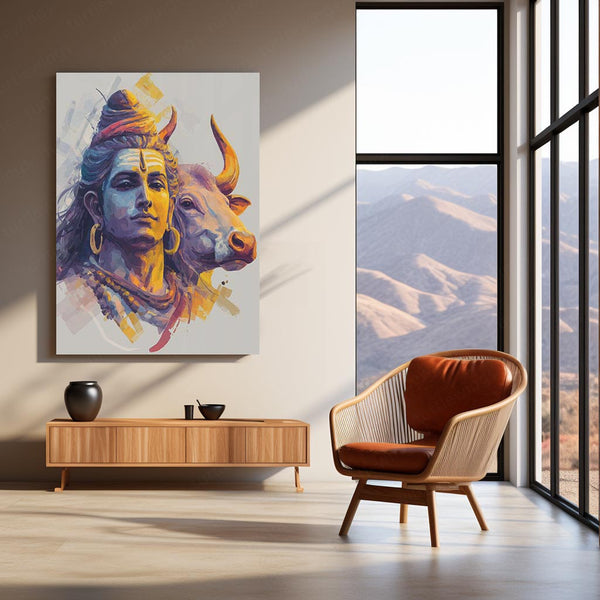 Lord Shiva with Nandi – Vibrant Abstract Spiritual Metal Frame | Sacred Hindu Wall Art | Divine Decor for Home & Temple