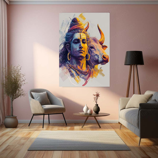 Lord Shiva with Nandi – Vibrant Abstract Spiritual Metal Frame | Sacred Hindu Wall Art | Divine Decor for Home & Temple