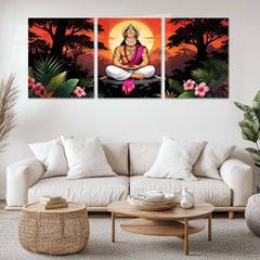 Spiritual Metal Poster Set of 3 | Lord Hanuman | Meditation & Sunset Triptych Wall Art – main product image