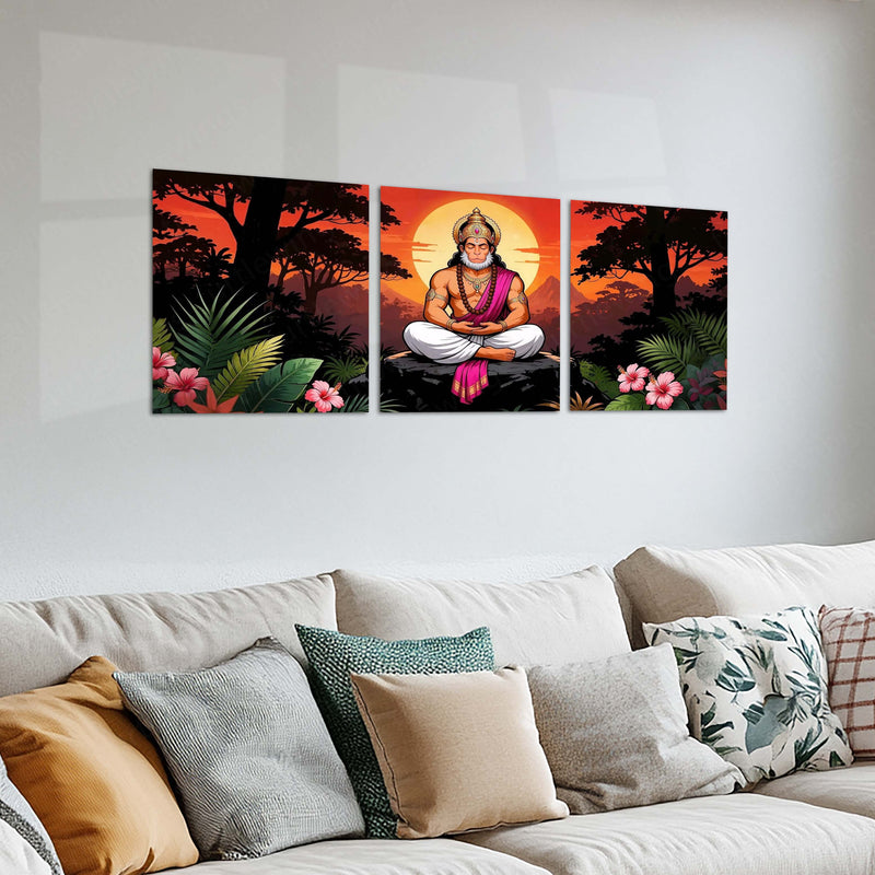 Spiritual Metal Poster Set of 3 | Lord Hanuman | Meditation & Sunset Triptych Wall Art – product image 2