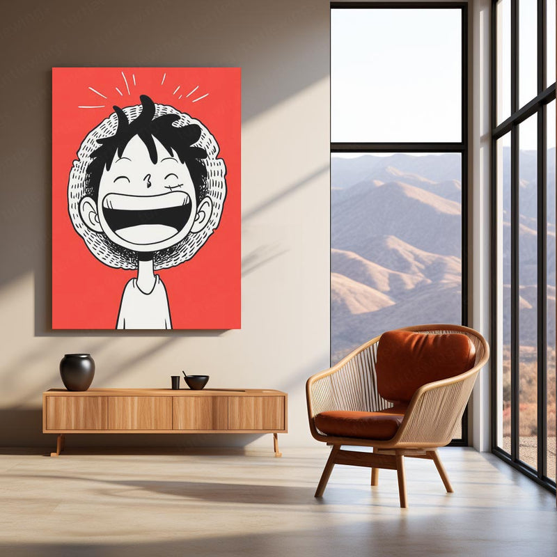 Luffy Laughing – Minimal One Piece Metal Frame | Anime Wall Art