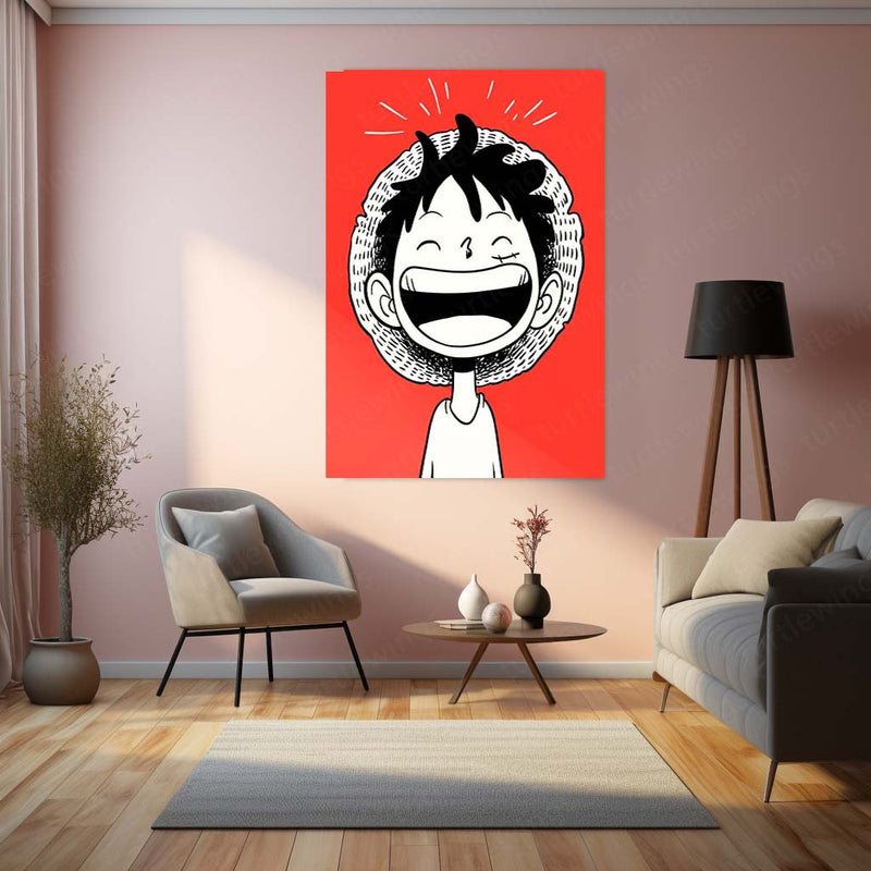 Luffy Laughing – Minimal One Piece Metal Frame | Anime Wall Art