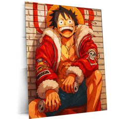 Anime metal poster | Luffy’s Chill – Pirate King in Street Style Metal Poster | One Piece Urban Anime Wall Frame