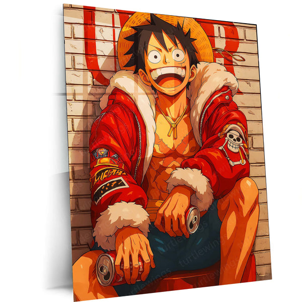 Anime metal poster | Luffy’s Chill – Pirate King in Street Style Metal Poster | One Piece Urban Anime Wall Frame
