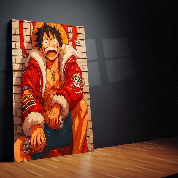 Anime metal poster | Luffy’s Chill – Pirate King in Street Style Metal Poster | One Piece Urban Anime Wall Frame