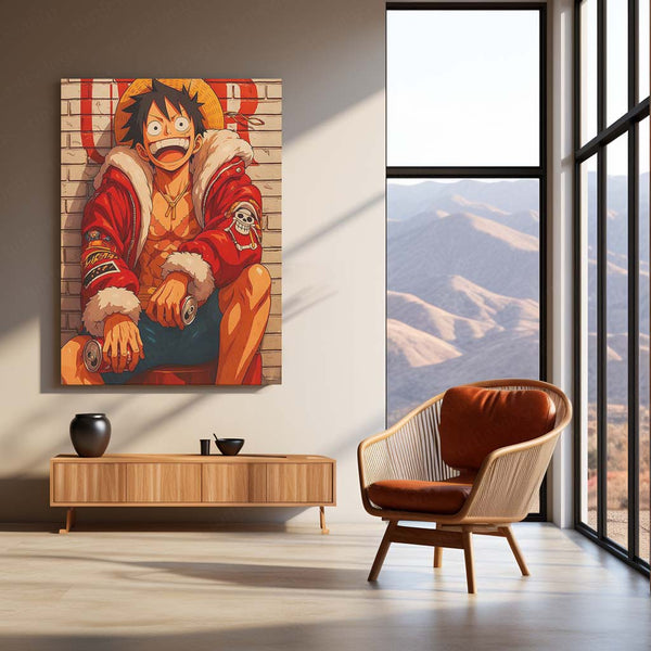 Anime metal poster | Luffy’s Chill – Pirate King in Street Style Metal Poster | One Piece Urban Anime Wall Frame