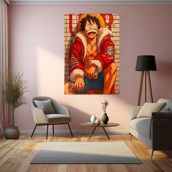Anime metal poster | Luffy’s Chill – Pirate King in Street Style Metal Poster | One Piece Urban Anime Wall Frame