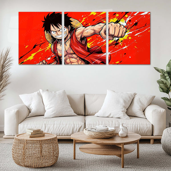Anime Metal Poster Set of 3 | One Piece | Luffy Red Action Triptych Wall Art – main product image