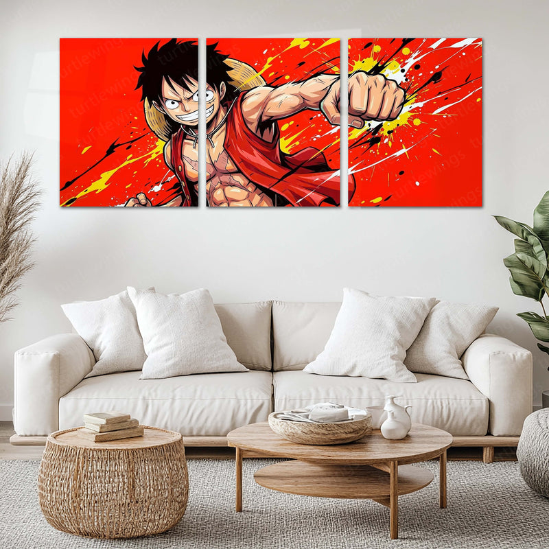 Anime Metal Poster Set of 3 | One Piece | Luffy Red Action Triptych Wall Art – main product image