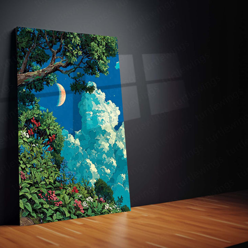 Lush Forest and Crescent Moon – Ghibli-Inspired Nature Metal Frame | Tranquil Landscape Wall Art | Dreamy Forest Poster