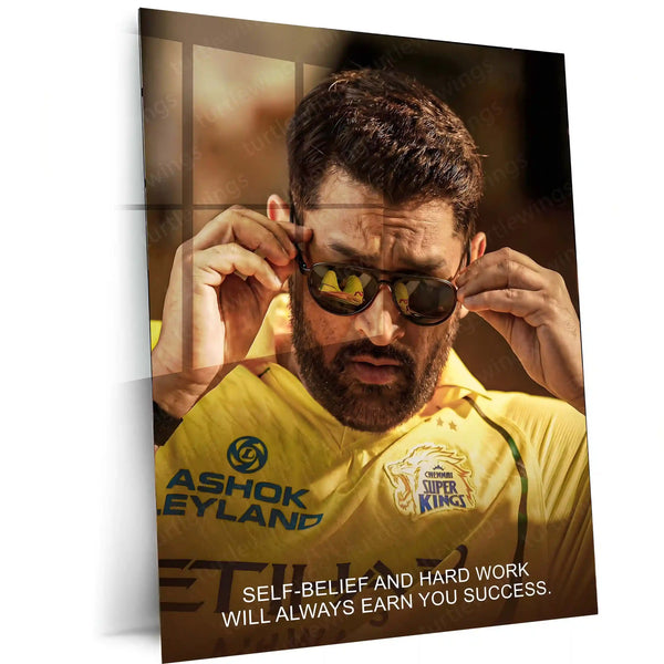 Cricket Metal Poster | MS Dhoni Motivational Metal Poster | Self Belief and Hard Work Quote Wall Art | CSK Legend Frame - TURTLEWINGS 
