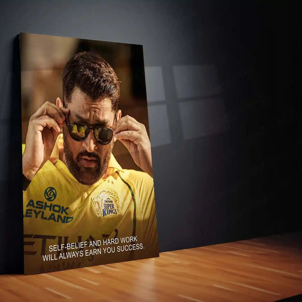 Cricket Metal Poster | MS Dhoni Motivational Metal Poster | Self Belief and Hard Work Quote Wall Art | CSK Legend Frame - TURTLEWINGS 