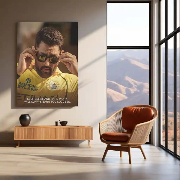 Cricket Metal Poster | MS Dhoni Motivational Metal Poster | Self Belief and Hard Work Quote Wall Art | CSK Legend Frame - TURTLEWINGS 