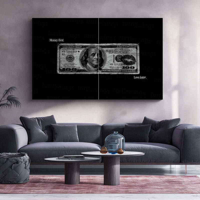 MONEY FIRST, LOVE LATER – Dollar Aesthetic Metal Frame | Hustle Quote Wall Art | Bold Typography Poster