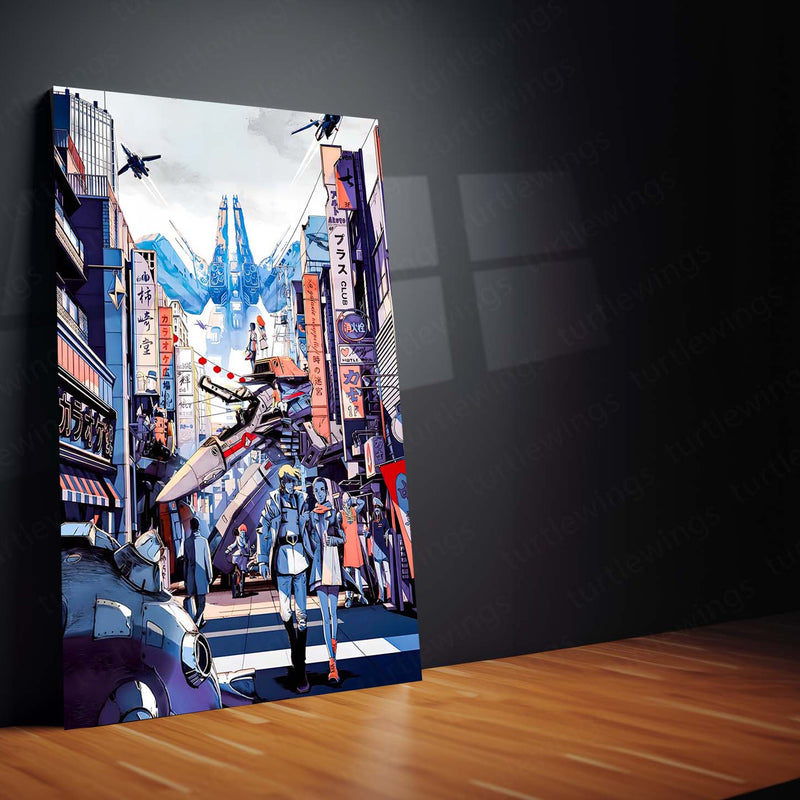 Anime Metal Poster | Macross – Mecha City Skyline Artwork | Classic Sci-Fi Anime Metal Frame Poster