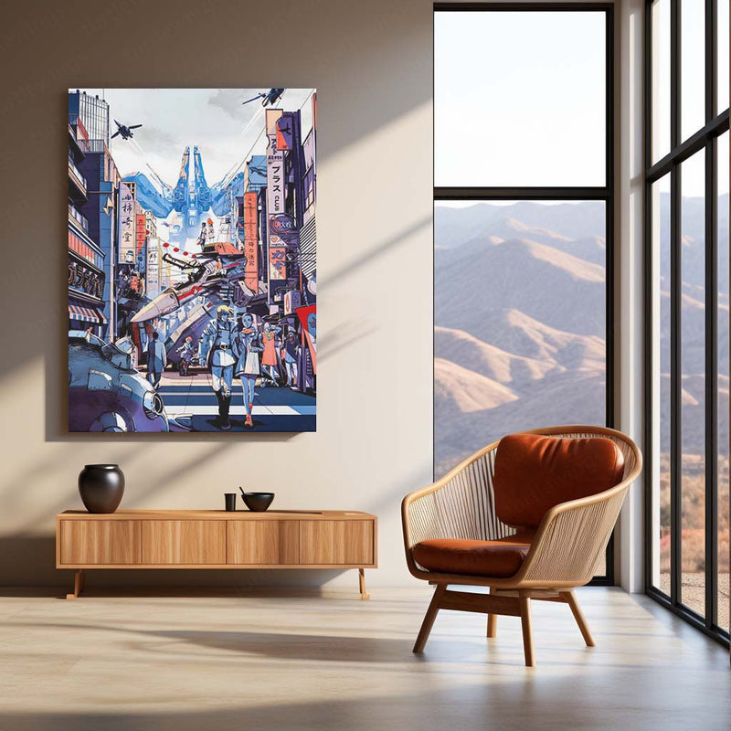 Anime Metal Poster | Macross – Mecha City Skyline Artwork | Classic Sci-Fi Anime Metal Frame Poster