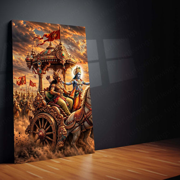 Spiritual Metal Poster Set of 3 | Mahabharata | Krishna & Arjuna Kurukshetra Chariot Triptych Wall Art – product image 3