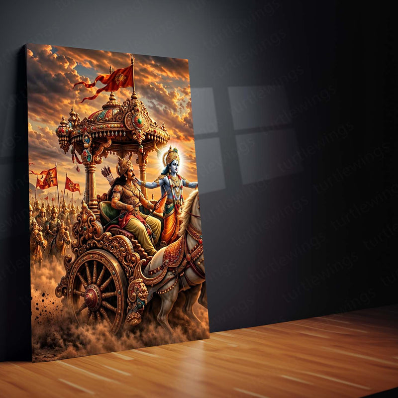 Spiritual Metal Poster Set of 3 | Mahabharata | Krishna & Arjuna Kurukshetra Chariot Triptych Wall Art – product image 3