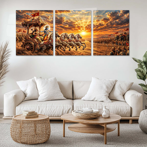 Spiritual Metal Poster Set of 3 | Mahabharata | Krishna & Arjuna Kurukshetra Chariot Triptych Wall Art – main product image