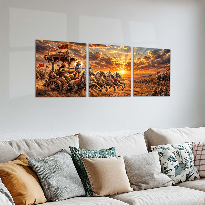 Spiritual Metal Poster Set of 3 | Mahabharata | Krishna & Arjuna Kurukshetra Chariot Triptych Wall Art – product image 2