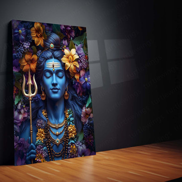 Mahadev with Flower Art Metal Frame | Shiva Spiritual Wall Decor - TURTLEWINGS 
