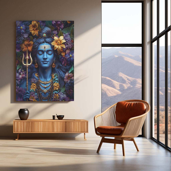 Mahadev with Flower Art Metal Frame | Shiva Spiritual Wall Decor - TURTLEWINGS 