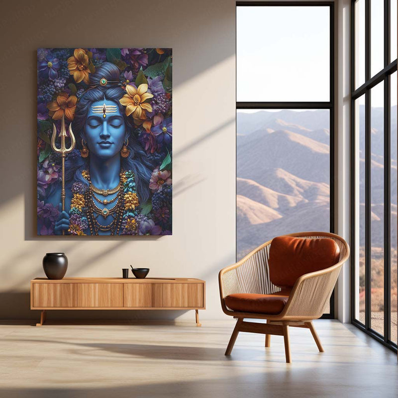 Mahadev with Flower Art Metal Frame | Shiva Spiritual Wall Decor - TURTLEWINGS 