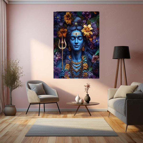 Mahadev with Flower Art Metal Frame | Shiva Spiritual Wall Decor - TURTLEWINGS 